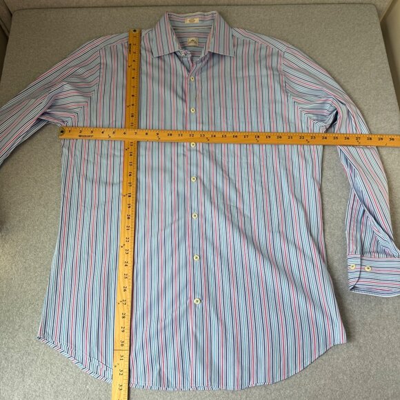 Peter Millar Mens Size Large Blue Pink Striped Button Front Shirt Collared LS - Picture 2 of 15